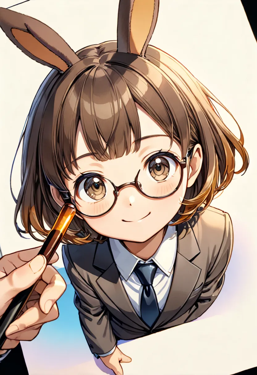 A highly detailed Dreamy fantasy anime-style illustration of Chibi-Style, vivid Copic marker anime illustration, maintains a 3:1 head-to-body ratio, (intelligent and friendly cute smile immature girl:1.3), (short wavy bob haircut with soft layers:1.3), (ch...