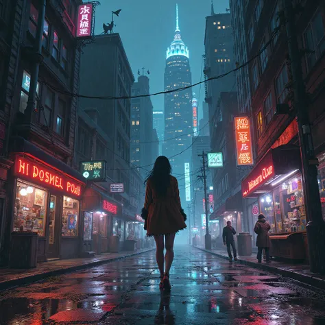 imagine Create an urban fantasy scene set in the neon-drenched metropolis of Veridia. Depict Anya, a half-fae investigator, with eyes that shift with the city's mood. She is driven by a desperate need to find her missing brother and is haunted by fragmente...