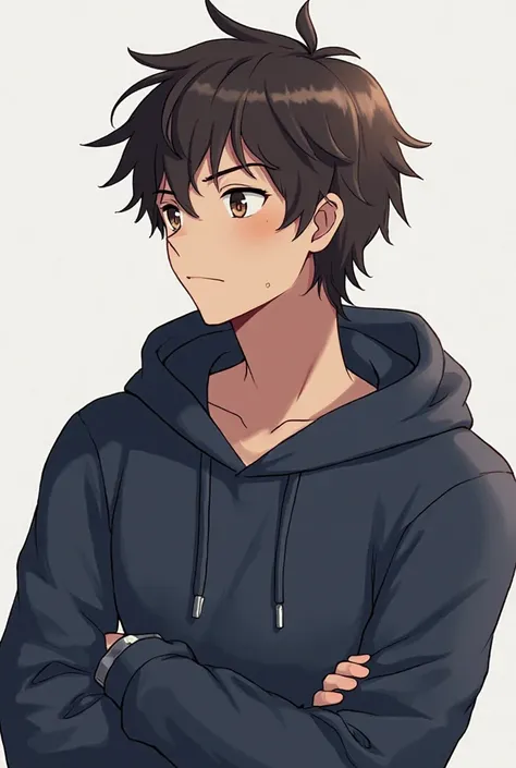 Anime boy. Ethan Hayes, 24 years old with dark brown, slightly messy hair and deep hazel eyes, carries a calm yet hesitant demeanor. His casual style—navy hoodie, reflects his laid-back nature. Ethan’s presence, both gentle and playful. Photo profile.