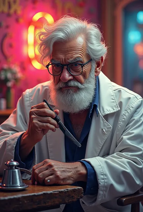 An old barber with a bright background and a white coat is shaving his hair 