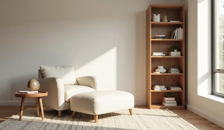 A minimalist reading nook within a larger living room. This section features a comfortable chaise lounge chair in cream linen, a matching ottoman, and a tall wooden bookshelf nearby. There’s also a placeholder for a side table with a lamp and space for pla...