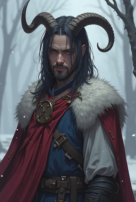 Aric is a man of medium height ,  with determined eyes and slightly disheveled dark hair . . He wears a fur coat to protect himself from the cold of distant lands ,  combined with simple white and blue clothing .  His expression reflects the internal strug...