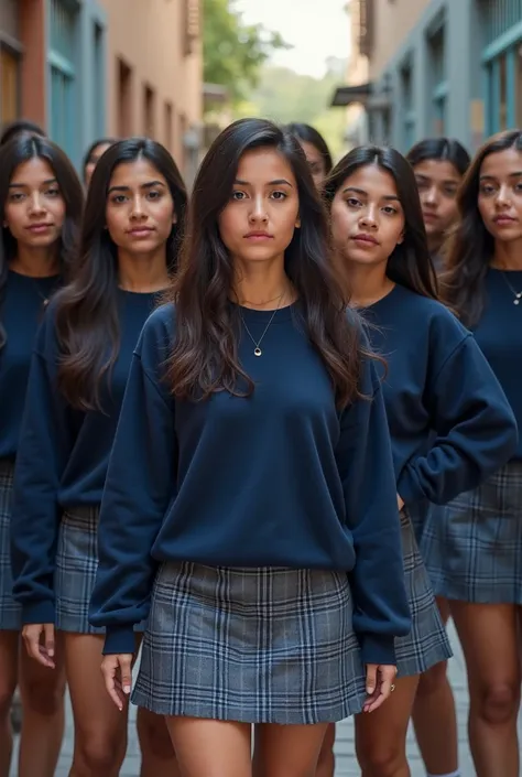 generates a group of young Mexican high school women with navy blue sweaters and gray plaid blue skirts, everything is very realistic