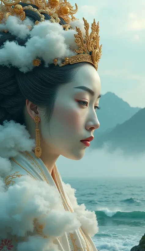 Image generation information: A giant face of the Queen Mother formed by clouds, various gorgeous oriental accessories, a golden crown on her head, visual impact, Shanhaijing, facial features, hair and clouds blended into one, eyes looking down, side close...