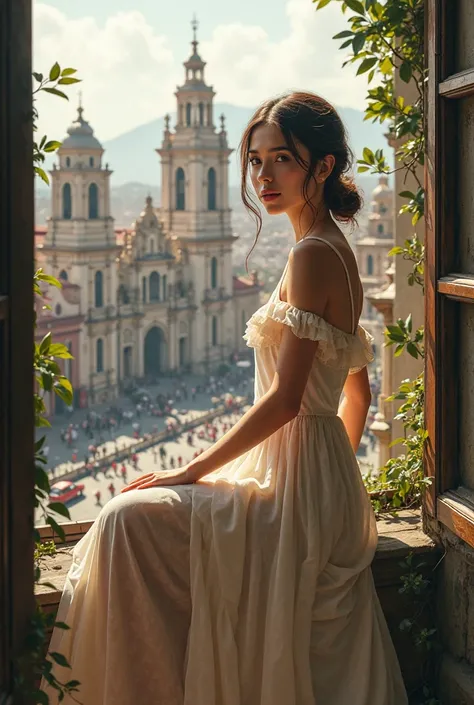 elegant girl sitting on the balcony railing in a frontal way, In the background the city of Mexico in the historic center 