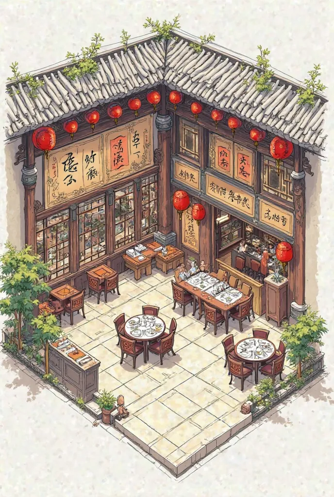 Create a sketch map of an oriental restaurant