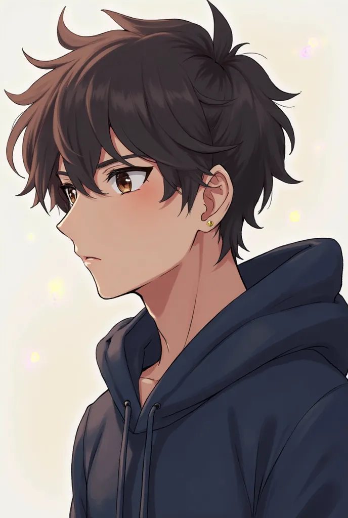 Anime boy. Ethan Hayes, 24 years old with dark brown, slightly messy hair and deep hazel eyes, carries a calm yet hesitant demeanor. His casual style—navy hoodie, reflects his laid-back nature. Ethan’s presence, both gentle and playful. Photo profile. He's...