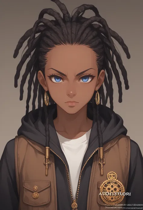 (masterpiece, top quality, best quality,official art, beautiful and aesthetic:1.2), (((black dreads:0.75,light brown:0.5)))),anime drawing of an dark skin person with a black dreadlocks and a white shirt, wearing black hoodie with an gears logo on it, stea...