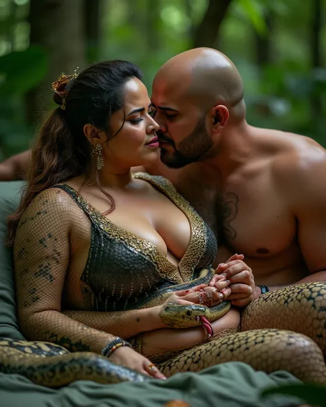 Plus size Hindu sexy nagini , with snake eyes, and snake body patterns, her snake tongues, kisses the man, exposing her cleavage and large breast, seduces a man in deep forest, her snaky move of the body, on bed,aroused the man sexually. Seducing a man, ba...