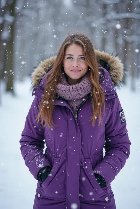 arafed woman in purple jacket standing in the snow with blue eyes, painting by Kristen Dalsgaard, instagram, tachism, in the snow, Beautiful and smiling, Caitlin Michelle Siragusa, cold,  but beautiful, Katie Thrun , purple jacket, Emily Rajtkowski,  only ...