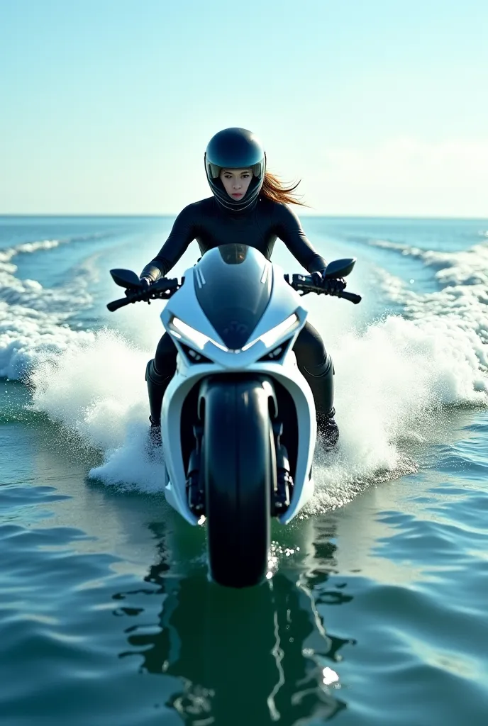 Girl riding in the sea on a motorcycle wearing a helmet 