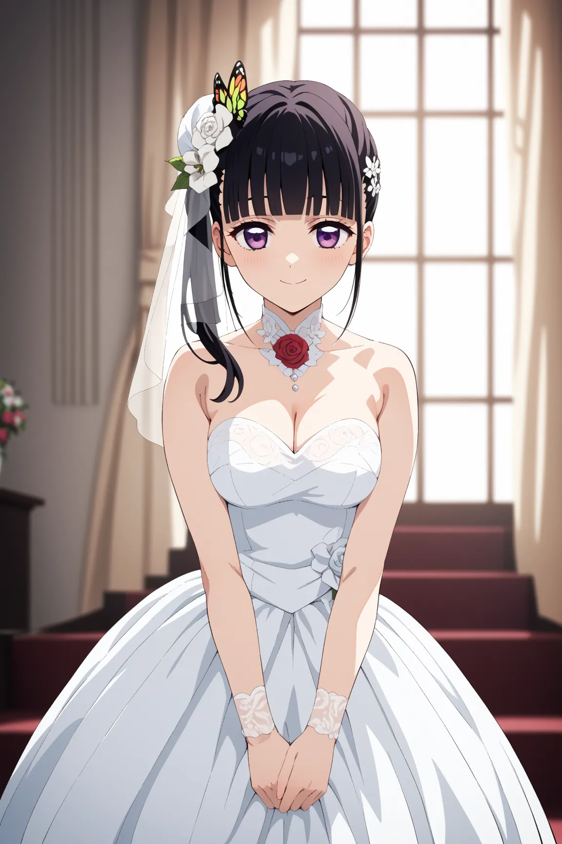 masterpiece,best quality,{{detailed beautiful face and eyes}}, very detailed background,
Kanao Tsuyuri,{{{megami magazine}}},long hair,black hair,side ponytail,hair ornament,butterfly ornament,blunt bangs,purple eyes,medium breasts,
1girl,hairstyle: (weddi...