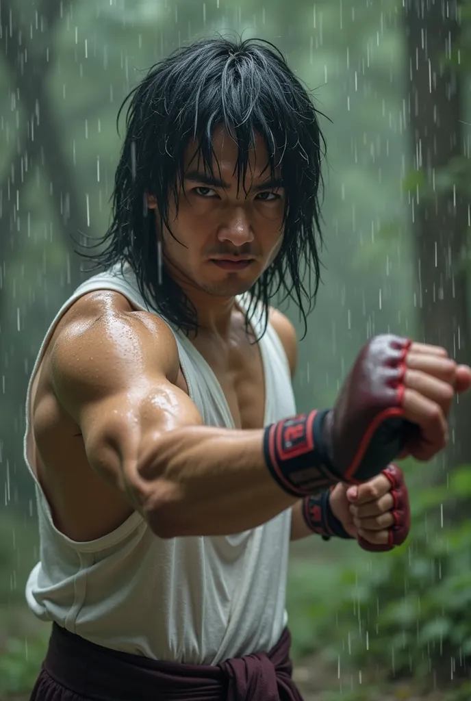 Make me an image of a man with Asian features with long black hair wearing a sleeveless white vest and leaving his muscular piece bare in combat position in a forest under a pouring rain wetting him, In Kickboxer combat position  