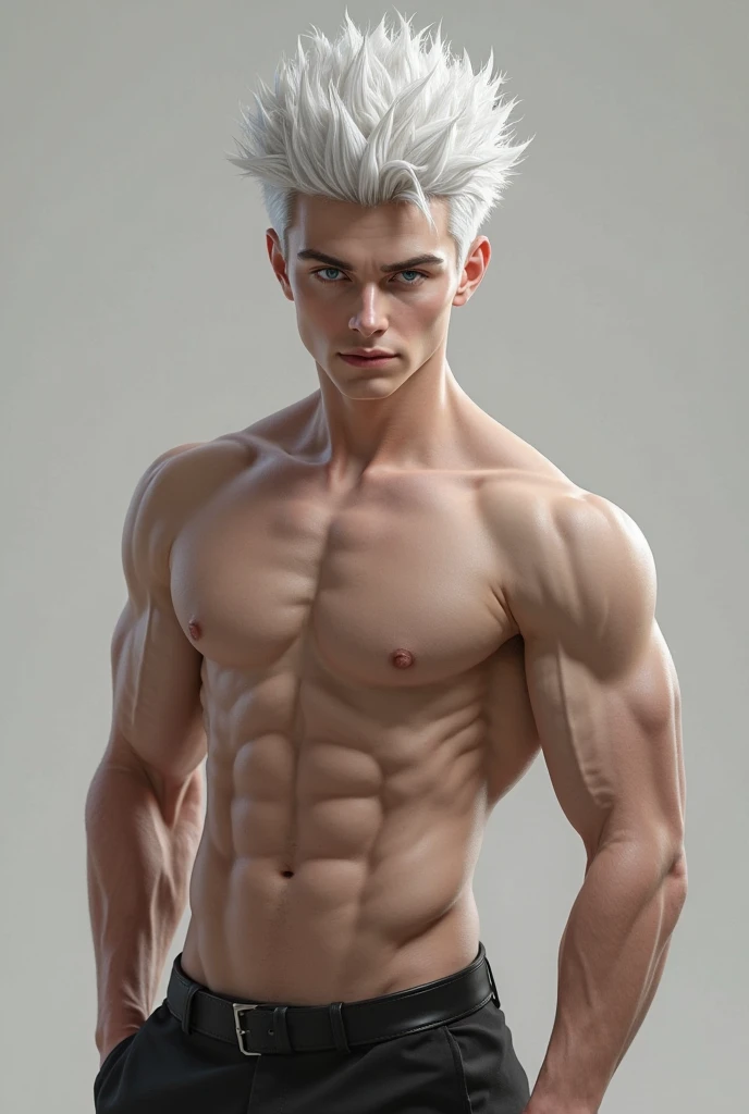 Muscular white-haired boy with gray eyes, pale skin,sexy shirtless pose