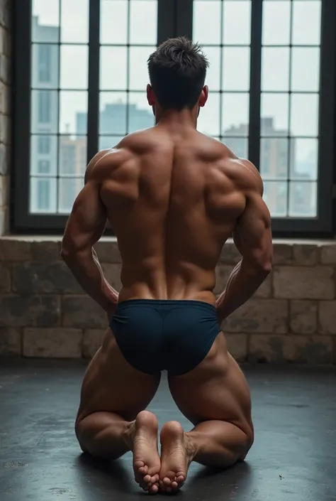 Henry Cavill, a handsome and muscular man in the gym ,Equipment cut,windows, cityscape,full body,mature macho,[lean], [looking front],[Henry Cavill], Big round butt, big plump backside, no shirt, jockstrap, kneeling down on floor, show bare butt