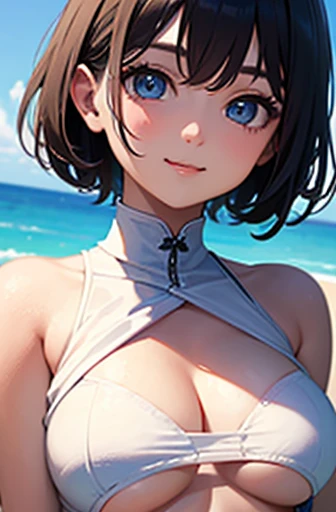 1 girl、cute、smile、 blue eyes、 black hair、short hair、White clothes、beautiful breasts、underboob、clothes lift、 sandy beach、(( front view))、watching viewers、(bust up)、 close up shot、digital art、