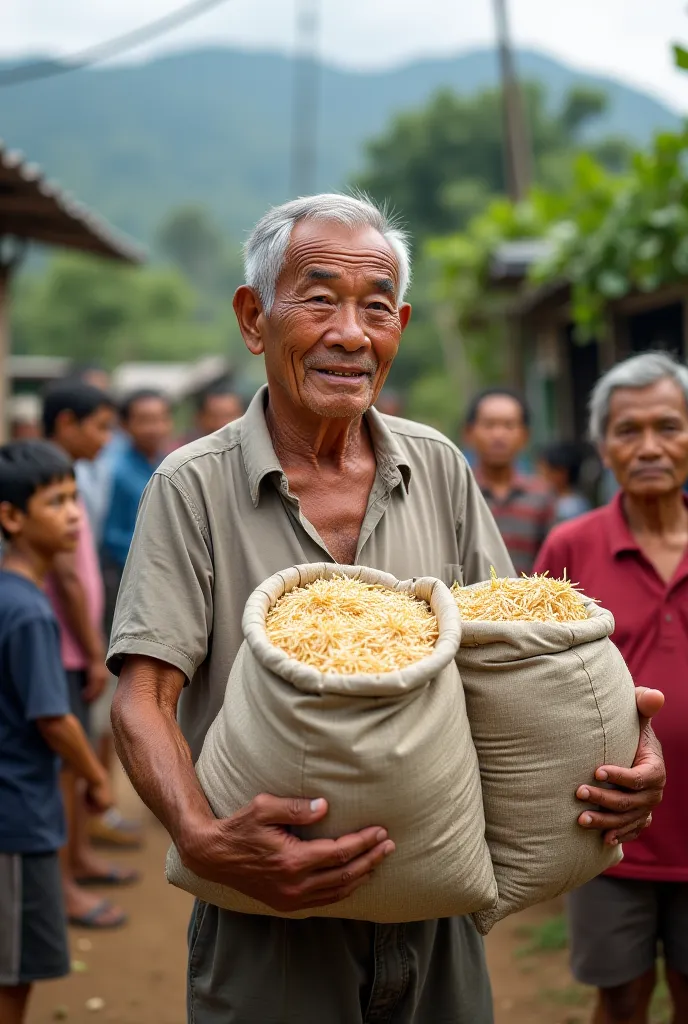 A 50-year-old Thai man stands handing out sacks of rice, with many villagers coming to the queue.