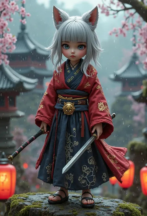 *“A hyper-realistic rendering of a tiny, wolf-inspired kunoichi, only 1 to 2 inches tall. She has a strikingly realistic Japanese face, with soft yet defined features, delicate imperfections, and a natural flush. Her almond-shaped ice-blue eyes hold an int...