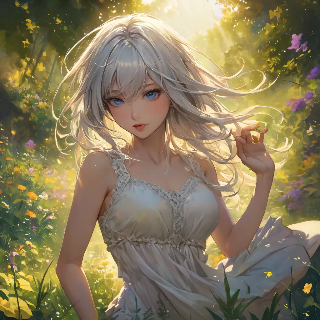 A girl, white hair, blue eyes,  medium breasts, dual personality, Excited lust