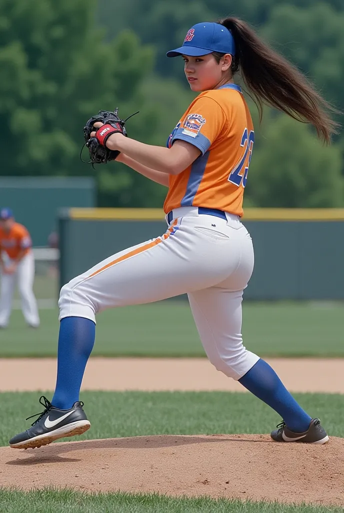 ( masterpiece, TOP QUALITY:1.2),   dynamic pictures  、 beautiful  old girl ,  Jennifer Connelly,  full body photo,  she's playing baseball as a pitcher ., Colorful uniform with blue base, She's wearing a colorful uniform., She's pitching in full force., Sl...