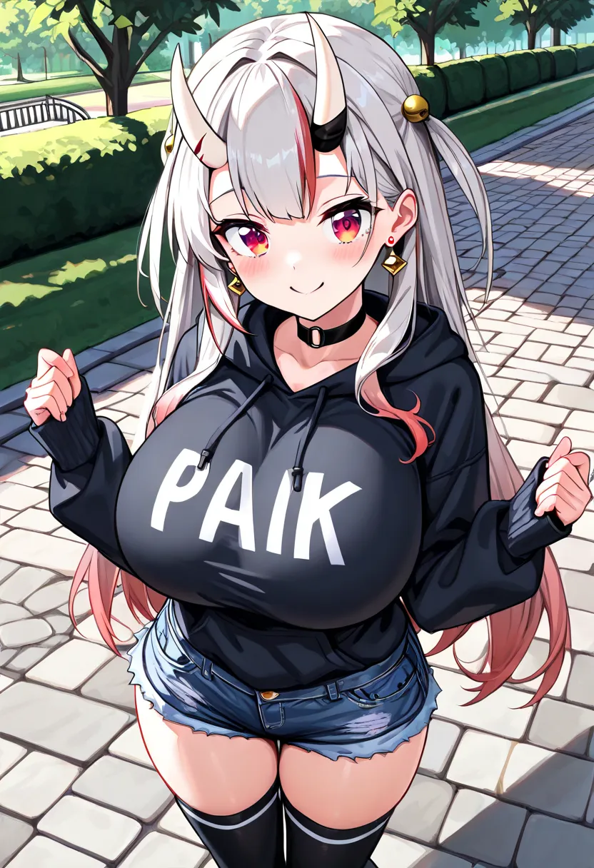 (TOP QUALITY , 8k , masterpiece , incredibly absurdres , perfect body , super detailed skin , highly detailed eyes and face , 1 woman ) ,  nakiri ayame , Silver Hair , red eyes , demon horn , smile ,  will be happy , (  hoodie,  ultra short denim shorts , ...