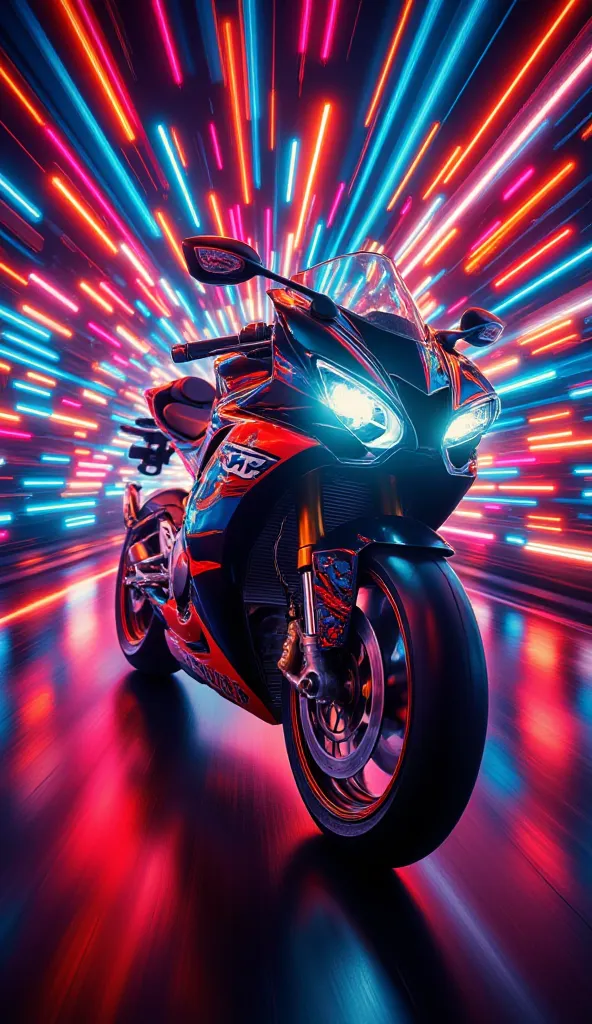 (best quality, 128k,highres,masterpiece:1.2),ultra-detailed,(realistic,photorealistic,photo-realistic:1.37), ((masterpiece)) ((photography)) ((Highest quality)) A sleek black and red motorcycle speeds through a futuristic neon-lit tunnel, captured in a stu...