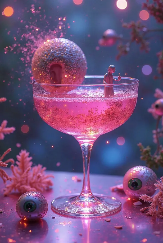 Une scène surréaliste et rétro-futuriste avec une grande coupe de cocktail en verre chromé et brillant, remplie d'un liquide rose translucide et scintillant. À l'intérieur du verre, une piscine miniature en forme de palette de peinture, où de petites silho...