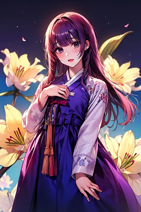 (((gfyuju ))), black long hair, black eyes, (((Korean traditional clothing)),)hanbok, dangui, surpassing,  best aesthetic , new, recent, best quality,  masterpiece, Free Sex),  masterpiece,  1girl , Solo, sky, flower, 벚flower, Plum Blossom , lily