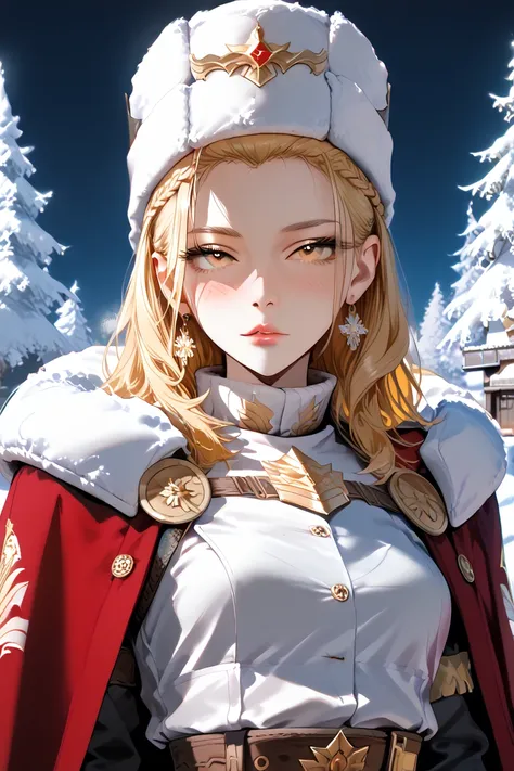 (best quality, 4K, 8 k, high resolution: 1.2),  Masterpiece ,  very detailed, overdetailed, One,   very high , detailed golden eyes, long dark blond hair, hair, fur armor, Sergeant,  snow, fantasy, Night, thin waist, candid outfit,  drunk girl, open chest,...