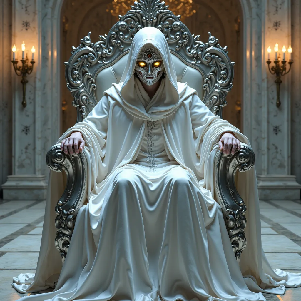 A hooded figure rests majestically on a grand silver throne, your presence radiating mystery and grandeur. Her robes are long and flowing,  in shades of white and light gray , fine fabrics that move lightly with the subtle breeze of the lounge. The hood hi...