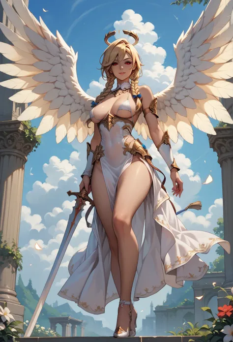 Angel warrior, sexy, veri long harir with big braids, sexy topless armor, huge sword in one hand, sexy, blonde hair, red eyes, big wings, full body, good thighs, medium breasts, fair skin,  correct anatomy, No anatomical errors , sky in background,  perfec...