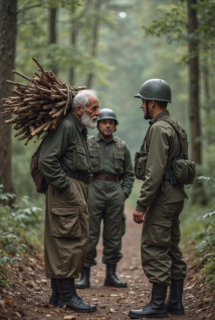 
**"An elderly man carrying firewood over his head. is followed by his  son, who stays silent and watches the situation. The elderly man talks to two soldiers standing in front of them. In the forest ."**