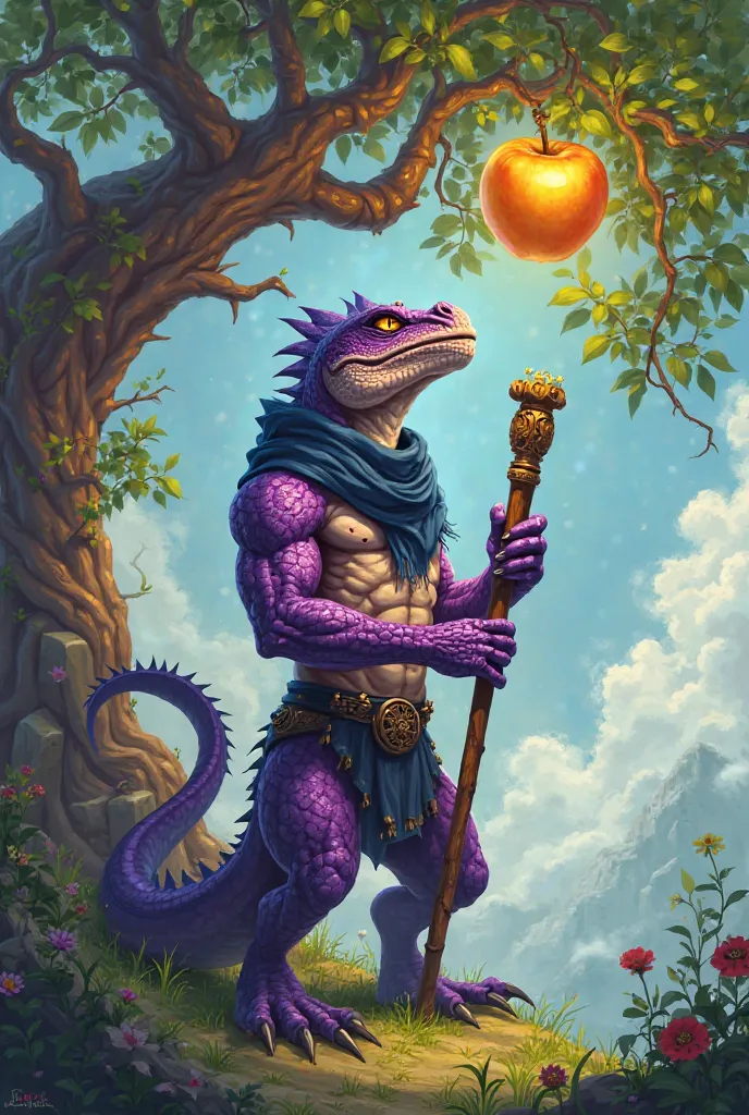 A young strong purple lizardman with dark blue scarf and staff  2d artstyle reaching for a golden apple in a tree