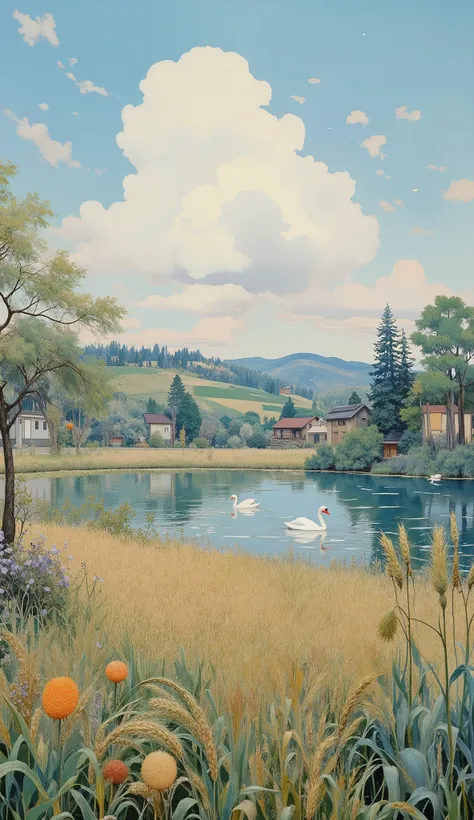 Summer sky with fluffy (( Just one cloud there are no more clouds, just a:1.5)), in the sky, the sun crosses the cloud and you can see a beautiful stream, in the image the foreground some wild wheat, At the foot of a lake, in the background there are small...