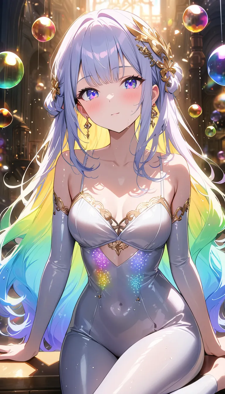  upstyle hair、Colorful soap bubbles、Gradation Colored Jellyfish、 Rainbow light from heaven  ),High chest, intricate detail on the edge of clothing, Perfect Contour,  lens flare, Cinematic Light Effects  ,   steampunk.（Light Purple Upstyled Hair :1.6）、  dru...