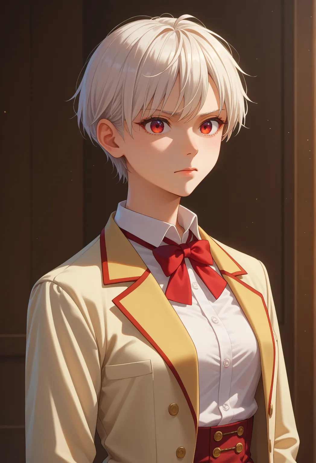 The image is high tension. Anime girl with long hair, white hair, red at the ends of her hair, wearing a waistcoat, not wearing pants, seen whole