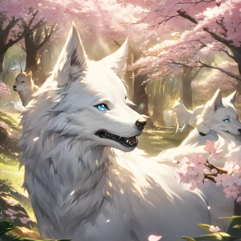 Cute、The Enchanting Spirit of the Wolf , Cherry blossoms dance under the warm spring sunlight filtering through the trees, A wolf with squinting eyes and wearing a corolla,  Shining Blue Eyes , Well shaped , very detailed, A perfect masterpiece, high quali...