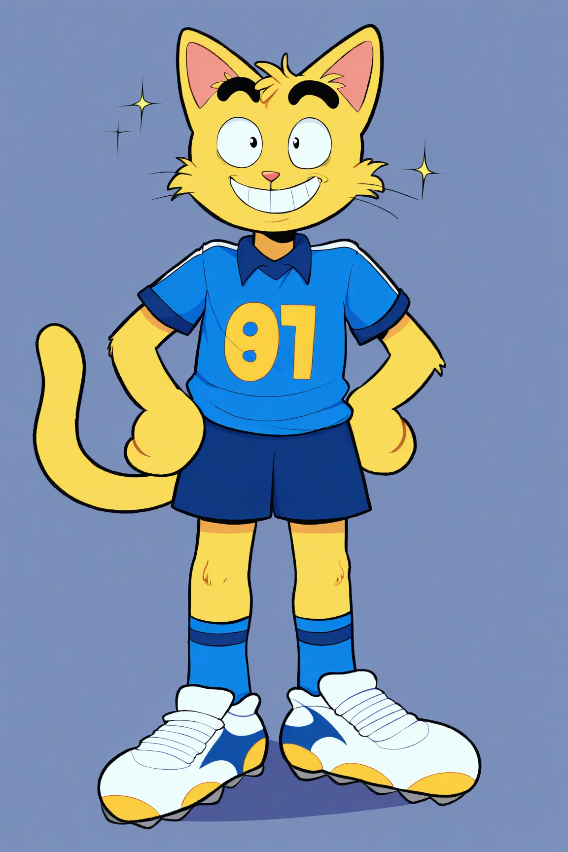 score_9, score_8_up, score_7_up, zPDXL2, zPDXLxxx, zPDXL3, source_anime, masterpiece, blaash,
 1boy, solo, male_focus, male_furry, cat_boy, yellow fur, cat ears, cat tail, blue soccer uniform, short sleeves, blue shirt, shorts, blue shorts, soccer shoes, s...