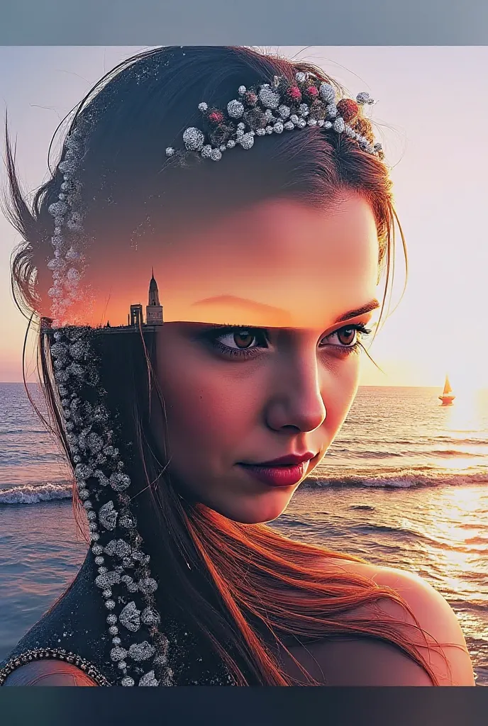  High quality, 8K ultra HD, Una hermosa  double exposure que combina una silueta de diosa con la costa al atardecer,  the coast at dusk should serve as a backdrop,  with its details incorporated in the goddess, sharp lines, The background is monochrome,  s...