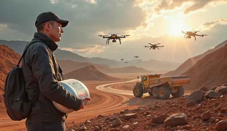  Land in the Jequitinhonha Valley, Minas Gerais, highlighting the exploration of lithium. The image must convey innovation and ambition, with Musk in the foreground, looking at vast lithium mines and carrying a futuristic electric car battery model. In the...