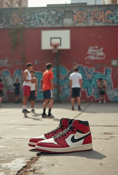 Un terrain de basket en béton usé, situé dans un vieux quartier new-yorkais des années 80. Le sol est marqué par des lignes effacées et fissurées, tandis qu’un mur en briques rouges couvert de graffitis sert de toile de fond. Un panier de basket rouillé, s...