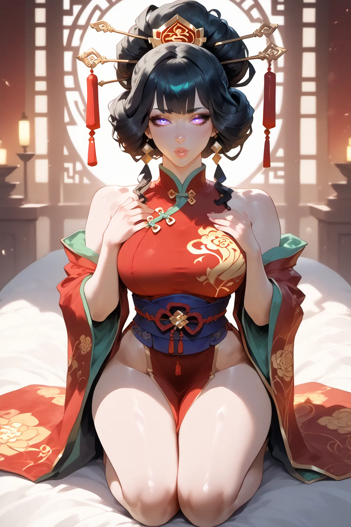 Chinese Female, drawn eyes, Jade colored eyes, calm gaze, long black hair, held in a Chinese style, kneeling on the ground, hands clasped, and looking at an incense burner, wearing a loose jade colored Chinese kimono, fleshy thighs, slim body, the backgrou...