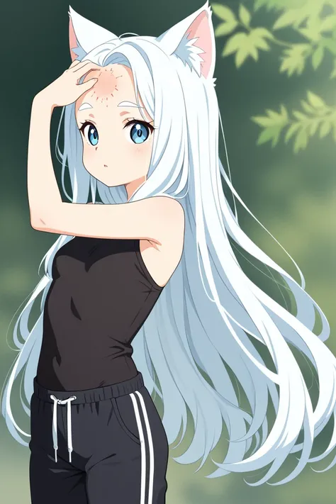 The picture shows a full-length cat girl about 18 years old in anime style. girl with long white flowing hair,open-forehead ,  white eyebrows ,  Blue eyes ; wearing a very short tight black top and loose sweatpants of the same color.