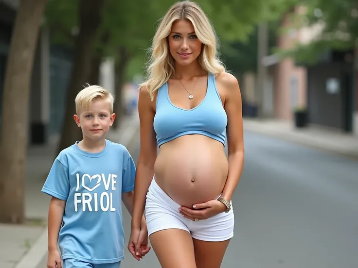  Full body photo of a beautiful tall blond woman with a blue-eyed face, y, 19 years old .  She is pregnant in a very advanced state of pregnancy .  She wears a sky blue top around her beautiful breasts that leaves her belly in the air and with the letters ...