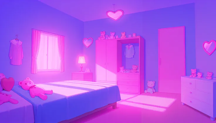 ((beautiful room, closet, heart mirror, bed with stuffed animals, lamp)) Pastel coler ,Cozy ,Gamer style, kawaii