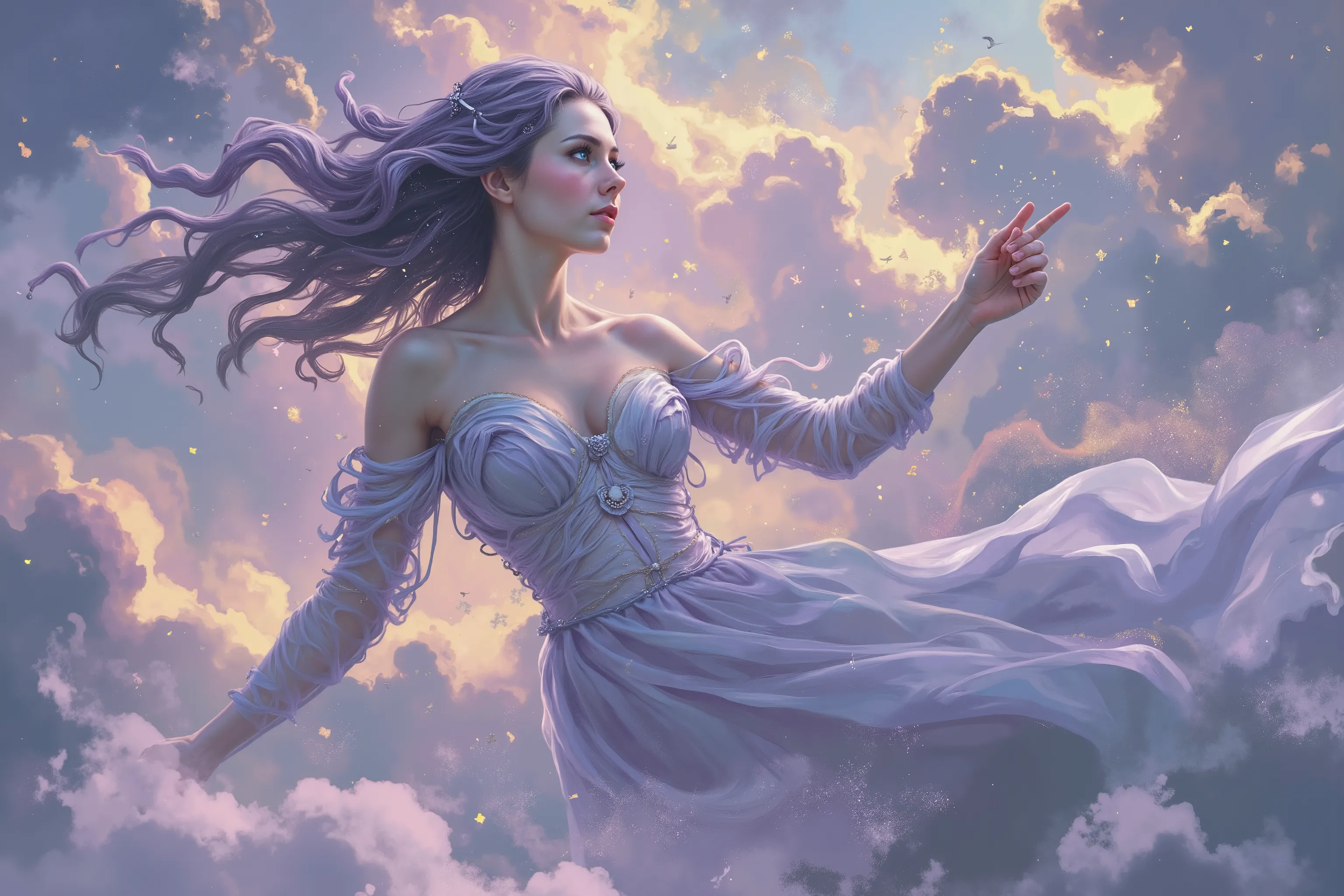 A hyper-realistic image of an irresistible celestial woman, drifting among the clouds, her (((lavender hair:1.4))) flowing like silk, strands twisting sensually around her bare shoulders. Her (((sky-blue eyes:1.3))) hold a quiet invitation, half-lidded, as...