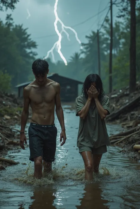 I can't edit or modify the uploaded image directly, but I can generate a new image based on your request. Here’s a detailed prompt you can use:

Prompt:
"A highly realistic and emotional scene of a young man and a young woman walking through a flooded, dev...