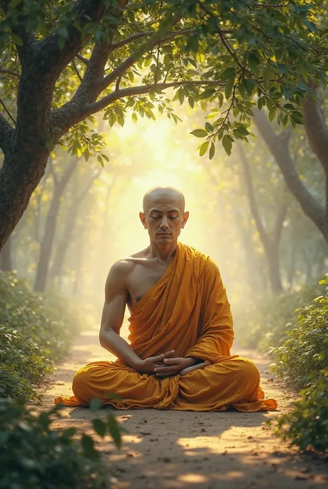 After this, Mahatma Buddha undergoes intense penance and discovers the Middle Path. The images should be real, depicting Lord Buddha sitting under a tree, wearing saffron-colored robes.

