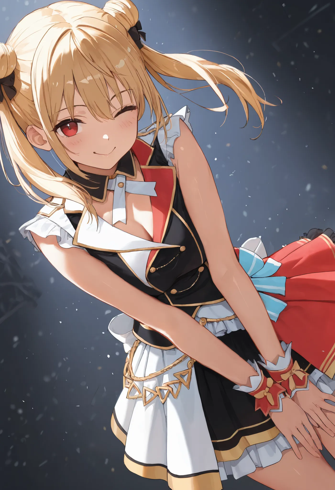 best quality, masterpiece, ultra-detailed, 2d, BREAK, 1girl,  adult, slender face, (hair buns, twintails, blonde hair), red eyes, cute and beautiful eyes, idol uniform, wink, dynamic angle, looking at viewer