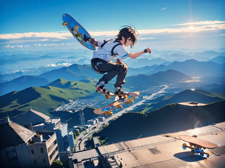 (flying, in the sky, flying with a skateboard, full body:1.5), looking at sky, 